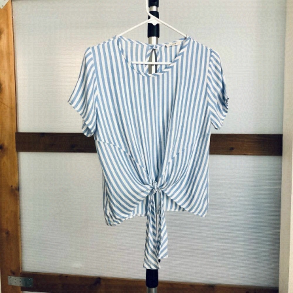 La Banga Womens Blue White Striped Front Tie Knot Short Sleeve Blouse Medium